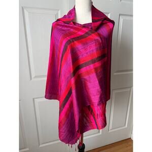 Red Pink Purple Silk Scarf Shawl Wrap Fringe Striped 27x66 Festival Boho